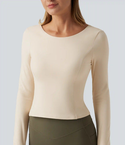SoftlyZero™ Plush Round Neck Thumb Hole Long Sleeve Yoga Sports Top with Built-in Bra