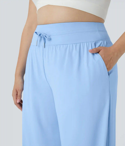 High Waisted Drawstring Pocket Wide Leg InstantCool Casual Plus Size Pants-UPF50+