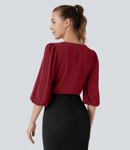Boat Neck Keyhole Back Bishop Sleeve Work Linen-Feel Blouse