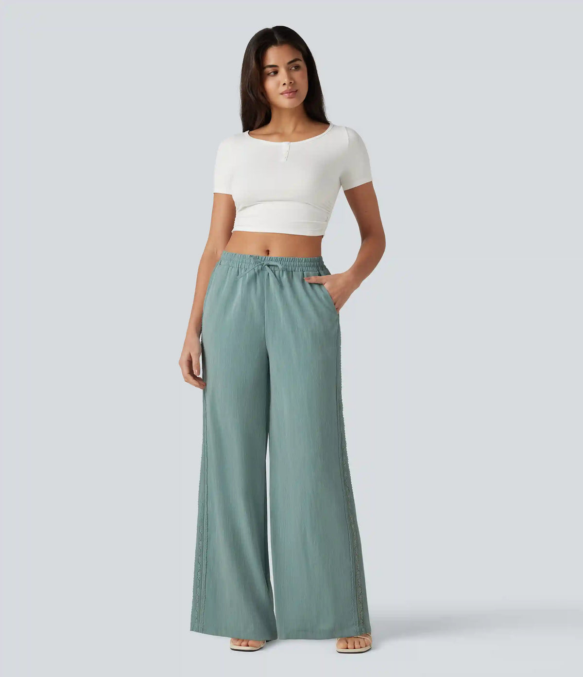 Mid Rise Drawstring Contrast Lace 2-in-1 Casual Linen-Feel Baggy Pants with Pockets