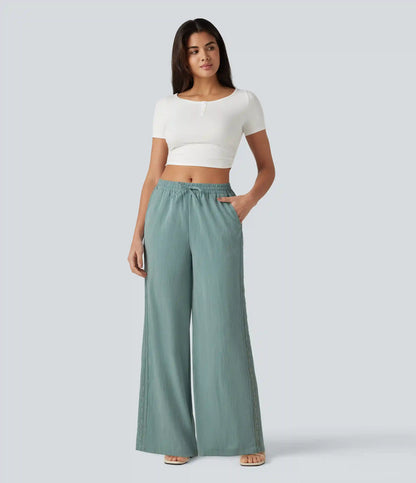 Mid Rise Drawstring Contrast Lace 2-in-1 Casual Linen-Feel Baggy Pants with Pockets