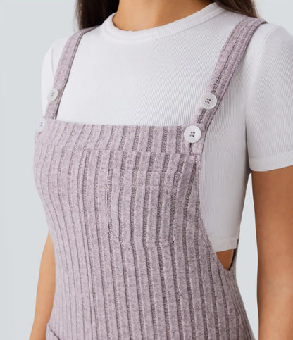 Ribbed Knit Pockets Casual Overalls
