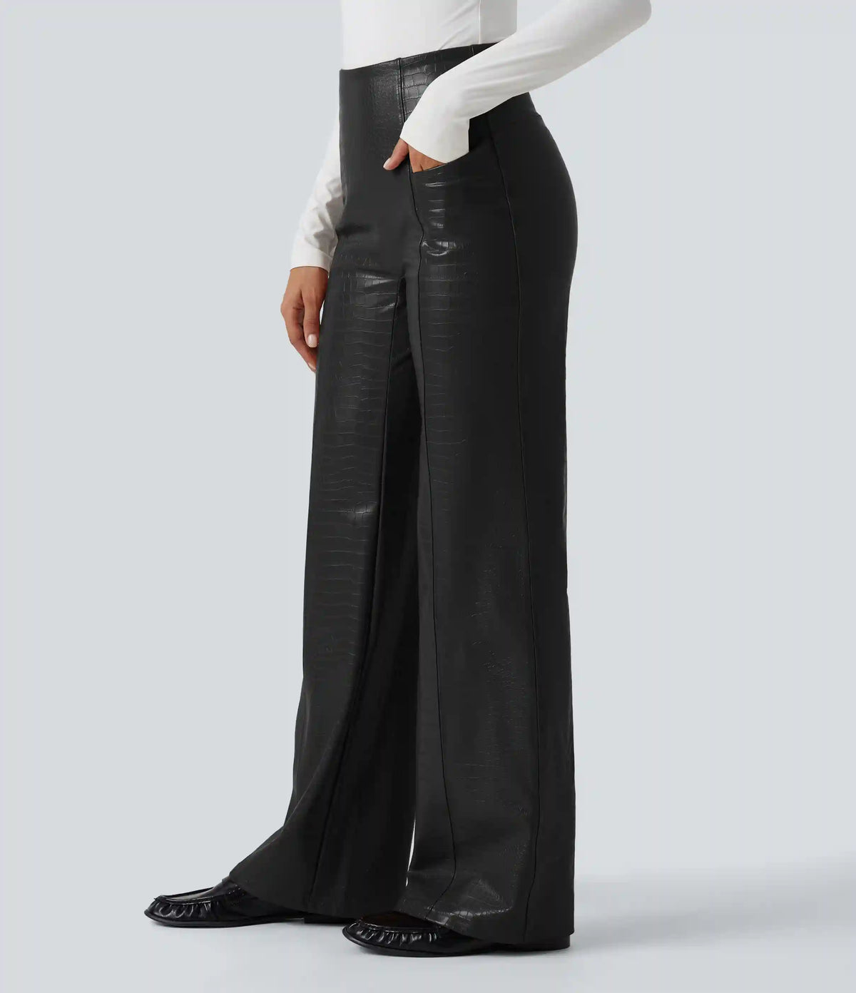 High Waisted Tummy Control Snakeskin Print Stretchy PU Fleece Flare Casual Pants with Pockets