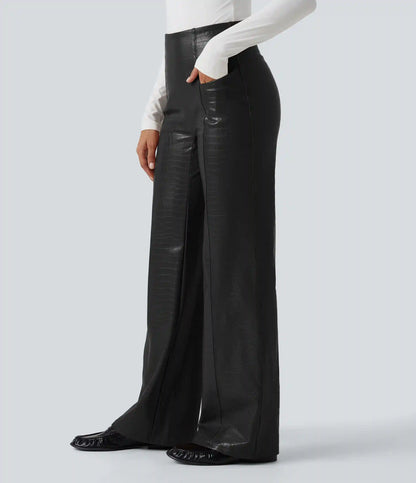 High Waisted Tummy Control Snakeskin Print Stretchy PU Fleece Flare Casual Pants with Pockets