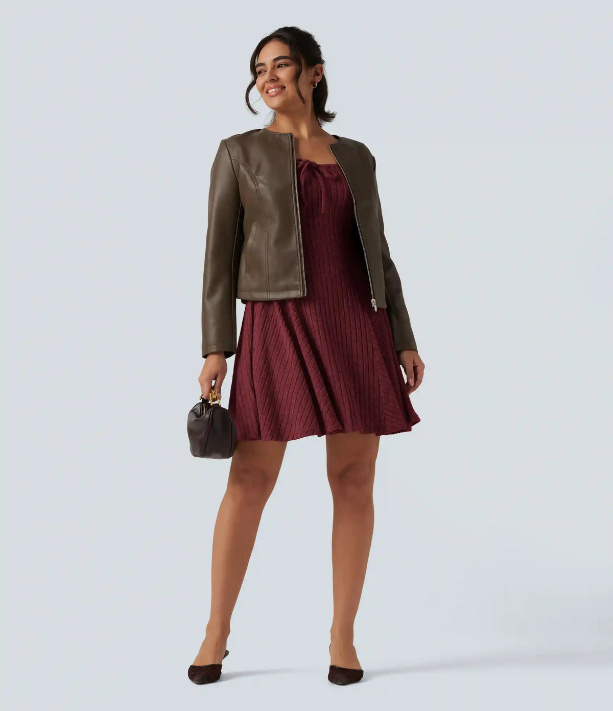 Ribbed Knit Square Neck Flounce Long Sleeve Decorative Knot Casual Flare Mini Dress