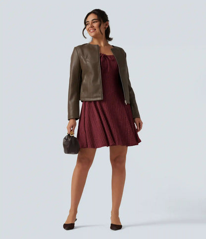 Ribbed Knit Square Neck Flounce Long Sleeve Decorative Knot Casual Flare Mini Dress