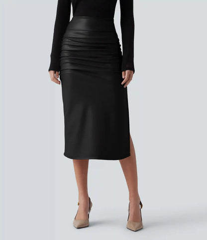 High Waisted Tummy Control Ruched Curved Hem 2-in-1 Fleece PU Midi Casual Skirt