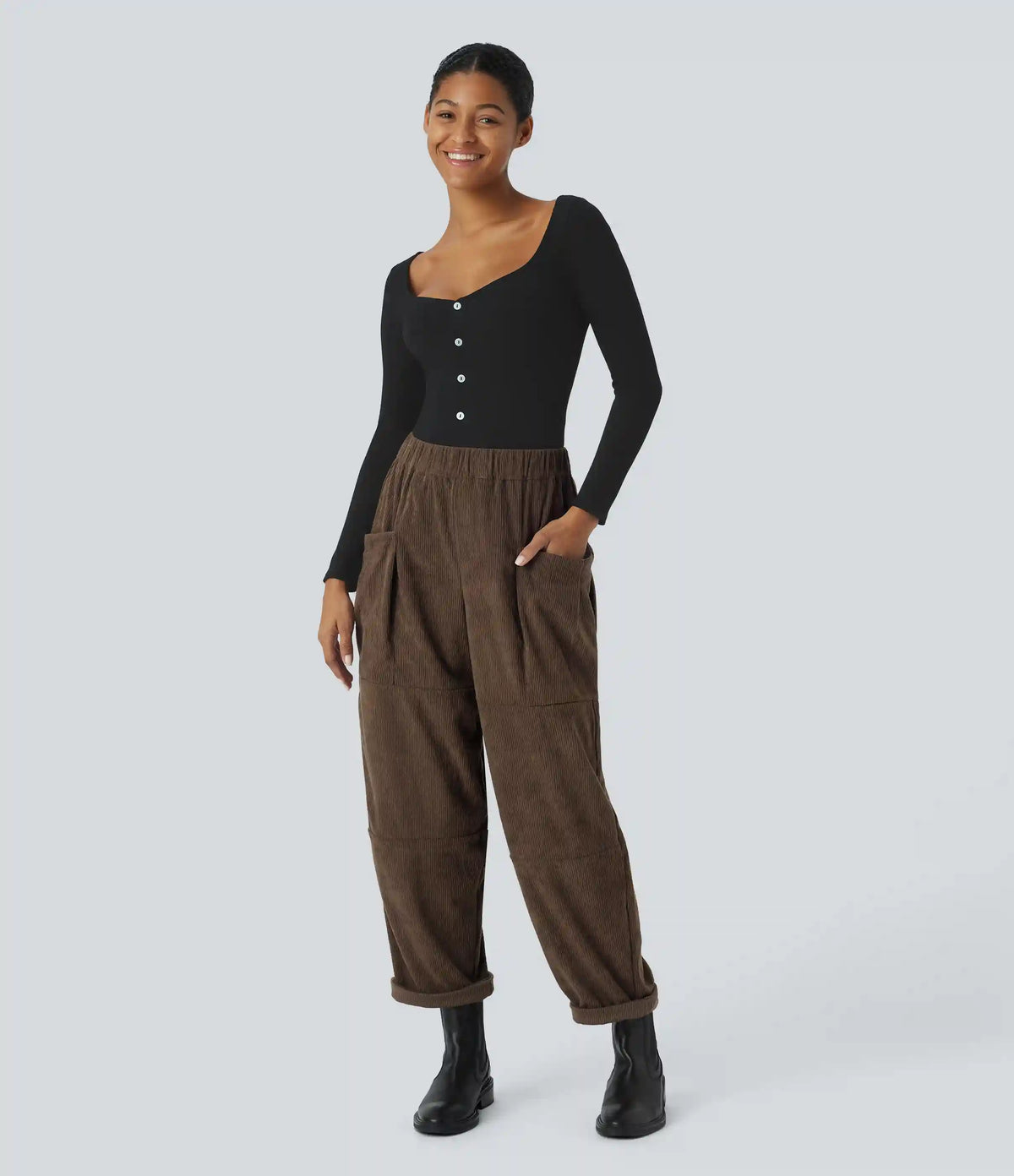 High Waisted Pocket Corduroy Casual Pants