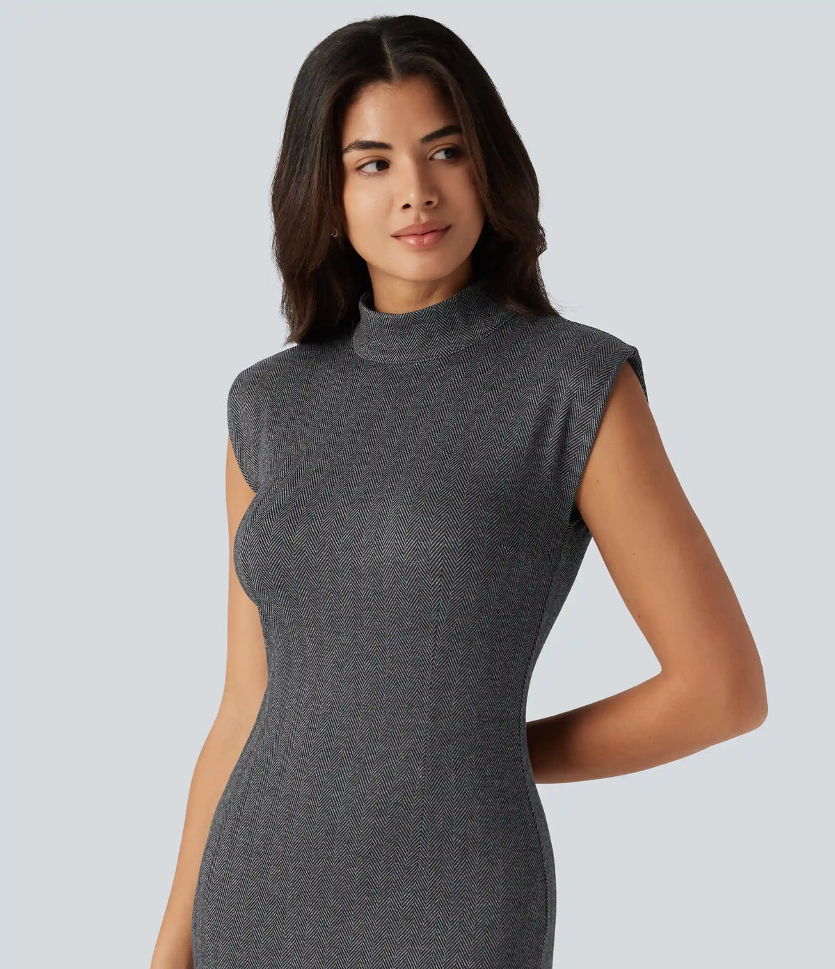 High Neck Sleeveless Bodycon Patterned Midi Work Dress