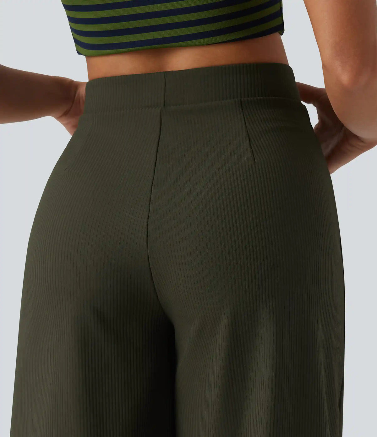 Ribbed Knit High Waisted Pedal Pushers Quick Dry Casual Wide Leg Pants with Flap Pockets-UPF50+