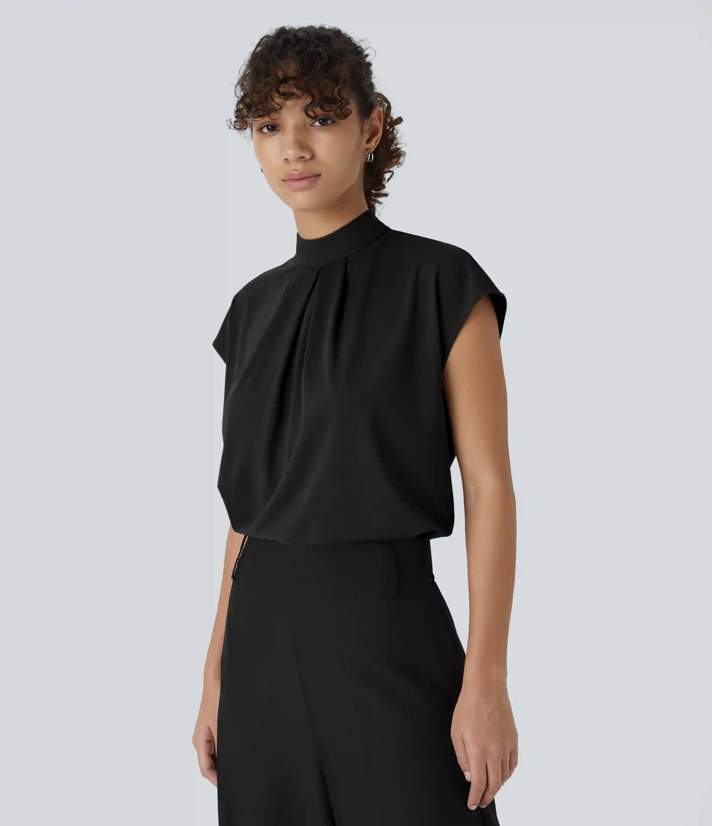 Stand Collar Back Cap Sleeve Work Blouse