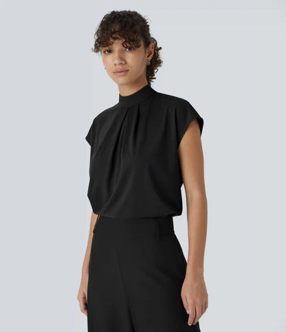 Stand Collar Back Cap Sleeve Work Blouse
