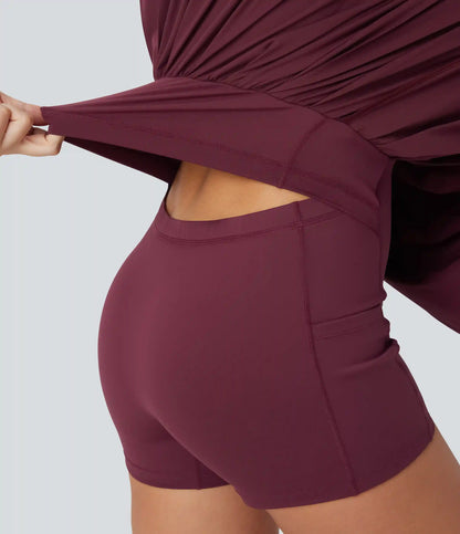 Breezeful™ Pleated Adjustable Buckle 2-in-1 Micro Mini Quick Dry Casual Slip Dress with Pocket-Easy Peezy
