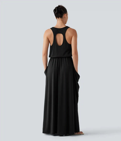 Sleeveless Cut-Out Back Maxi Casual Draped Dress with Pockets