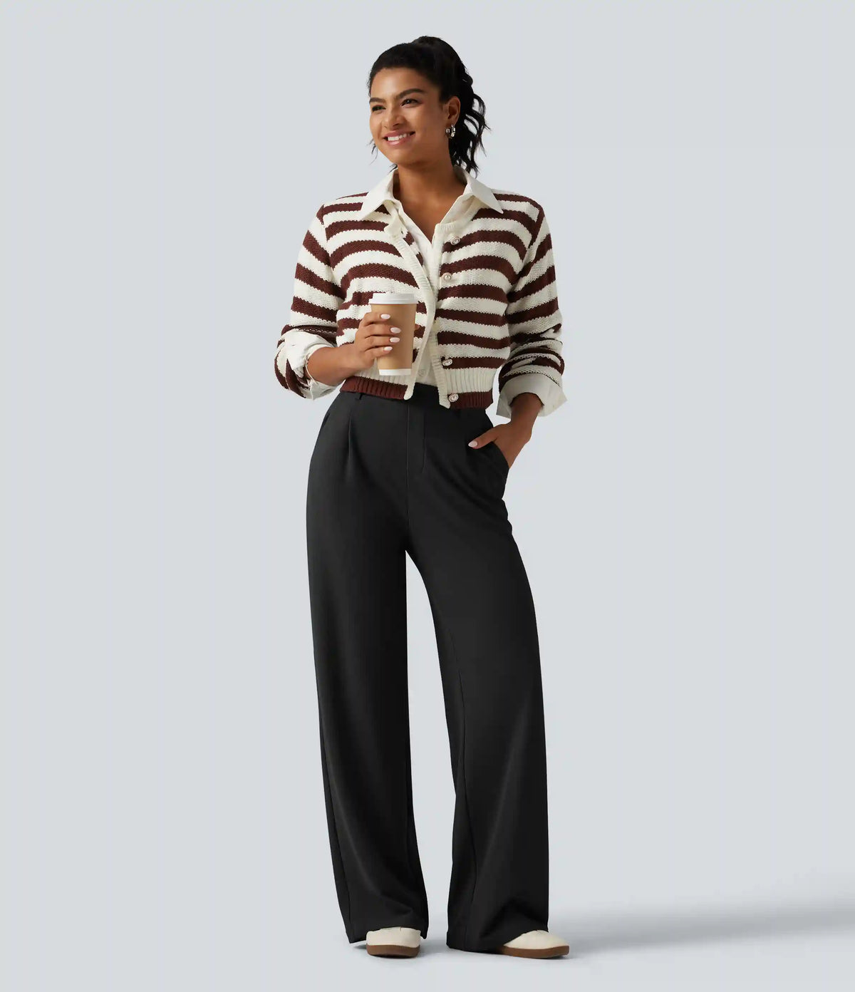 High Waisted Wide Leg Waffle Work Pants with Pockets