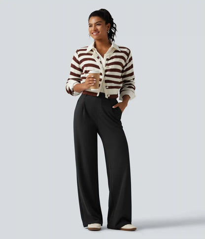High Waisted Wide Leg Waffle Work Pants with Pockets