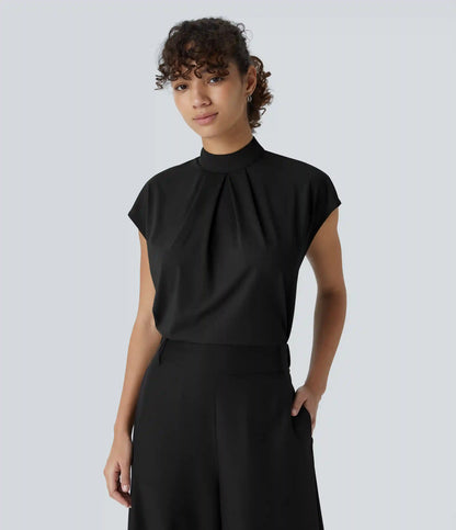 Stand Collar Back Cap Sleeve Work Blouse
