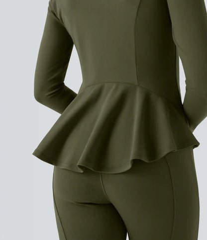 DayStretch Stand Collar Zipper Thumb Hole Ruffle Hem Slim Jacket with Pockets