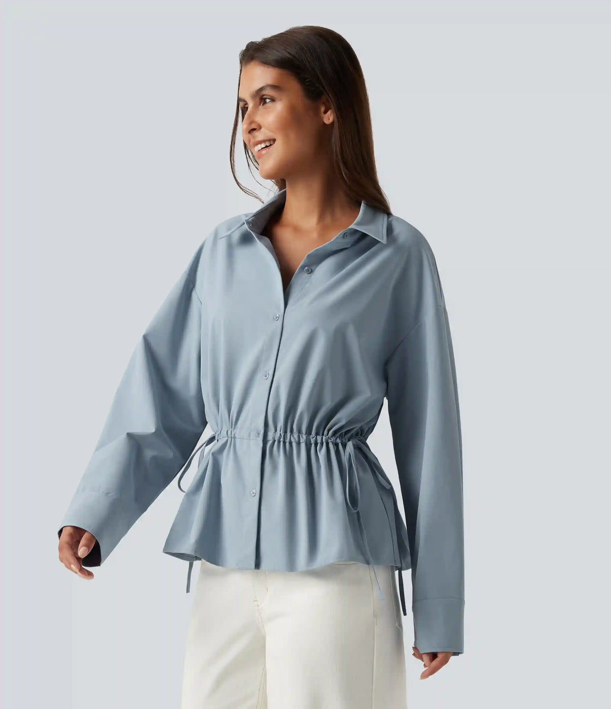 Long Sleeve Ruched Drawstring Casual Shirt
