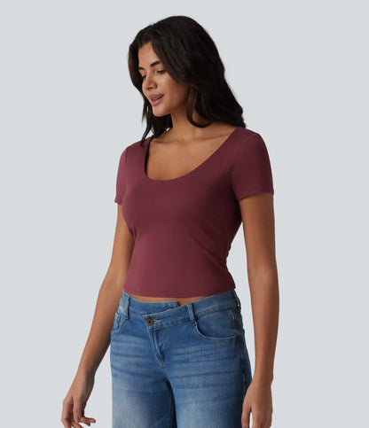 U Neck Short Sleeve Built-in Bra Contrast Lace Tie Back Casual T-Shirt