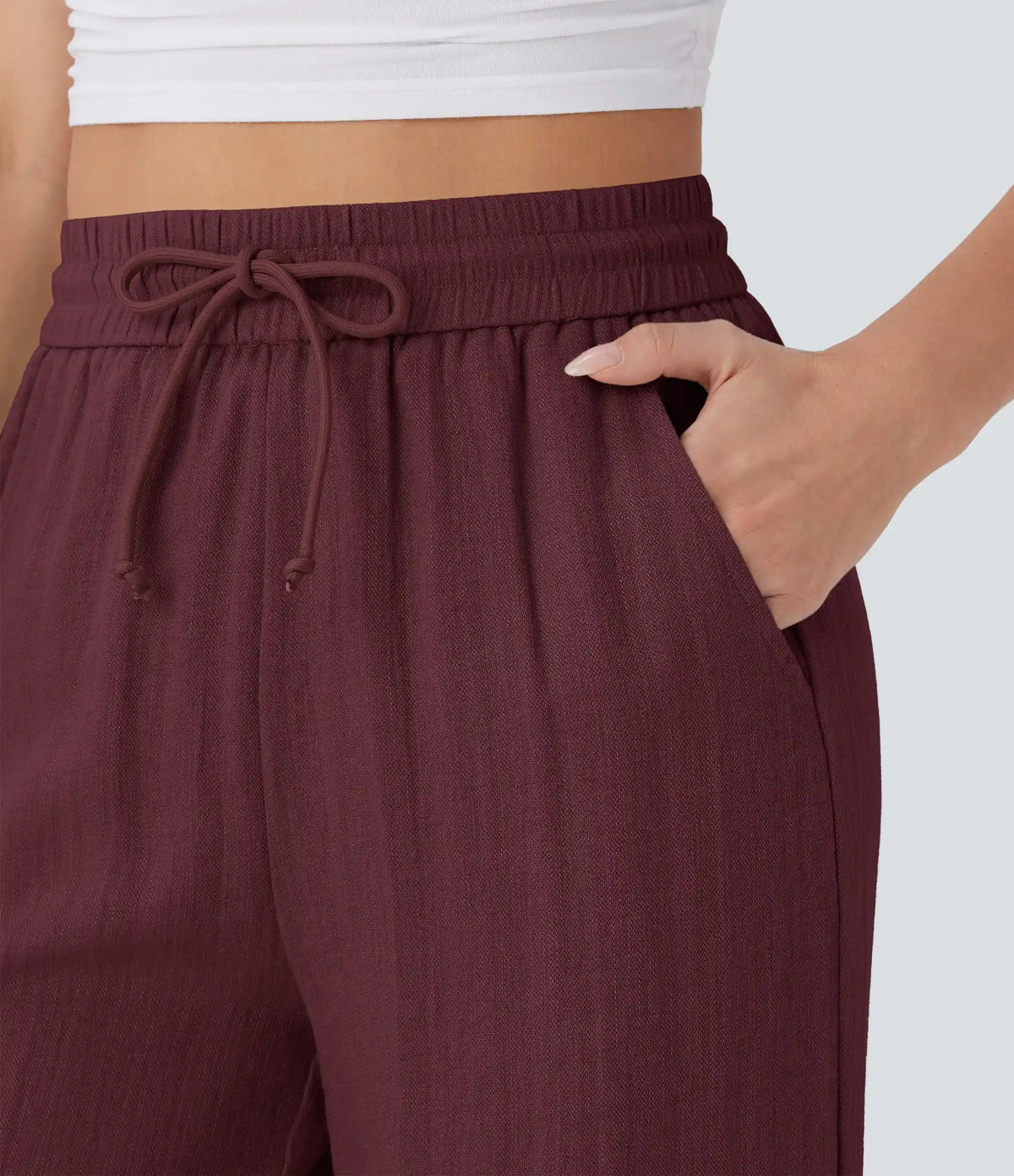 High Waisted Drawstring Pocket Wide Leg Baggy Casual Linen-Feel Pants