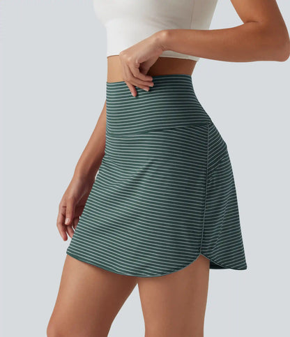 Ultra High-Waist Tummy Control Curved Hem 2-in-1 Stripes Golf Mini Skirt with Pockets