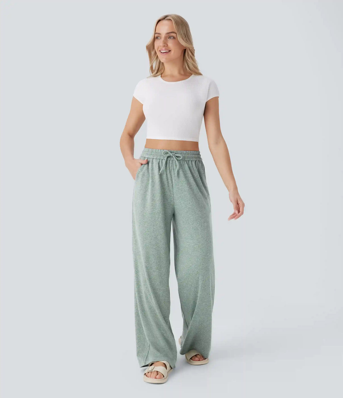 High Waisted Drawstring Pocket Wide Leg Baggy Casual Pants