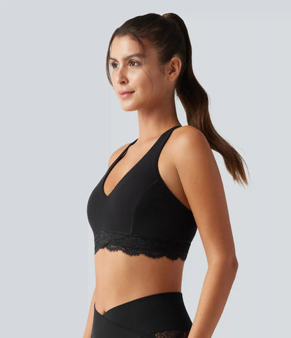 Halara UltraSculpt™ Low Support V Neck Built-in Bra Racerback Contrast Lace Workout Sports Bra