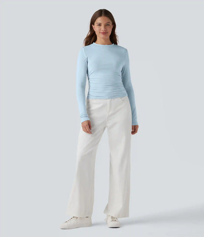 Round Neck Long Sleeve Ruched Casual Top
