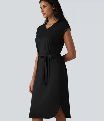 V-neck Short Sleeve Belted Curved Hem Casual T-Shirt Dress