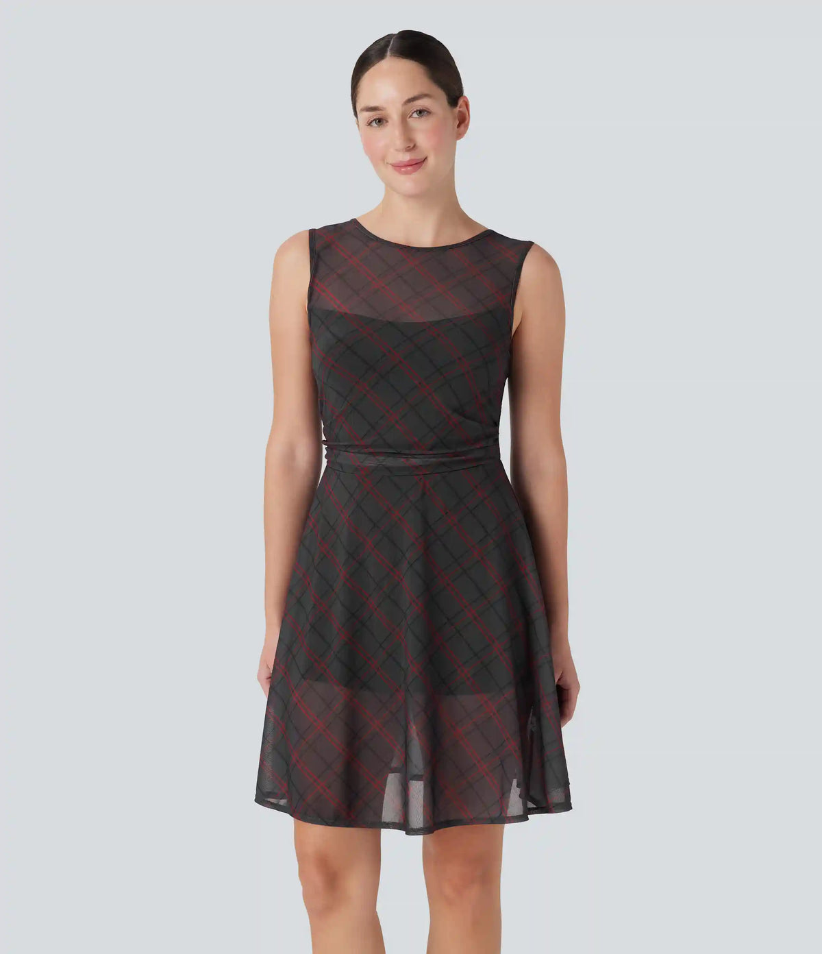 Sleeveless Plaid Contrast Mesh 2-in-1 Mini Casual Dress with Pocket