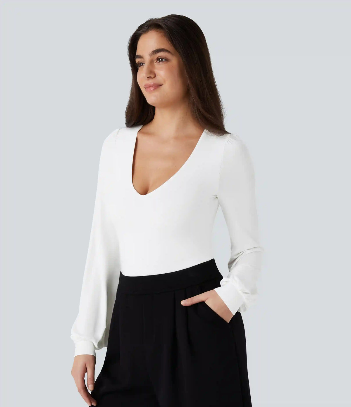 V Neck Long Sleeve Work Bodysuit