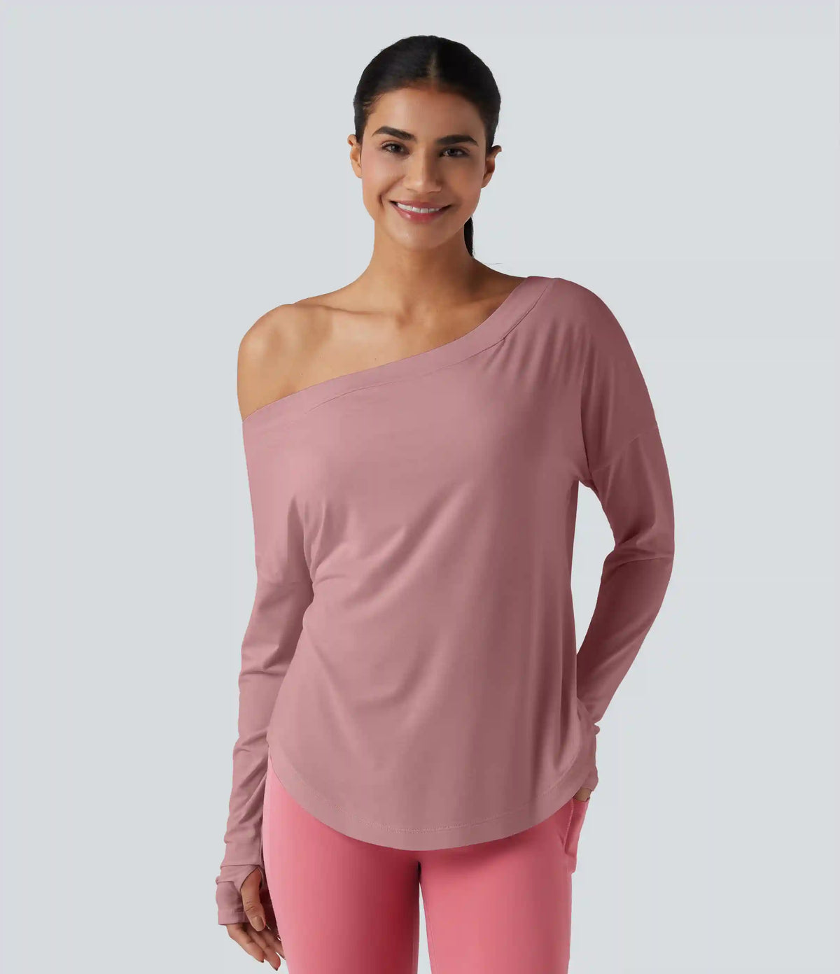 One Shoulder Long Sleeve Thumb Hole Curved Hem High Low Quick Dry Yoga Sports Top-Built-in Bra
