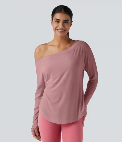 One Shoulder Long Sleeve Thumb Hole Curved Hem High Low Quick Dry Yoga Sports Top-Built-in Bra