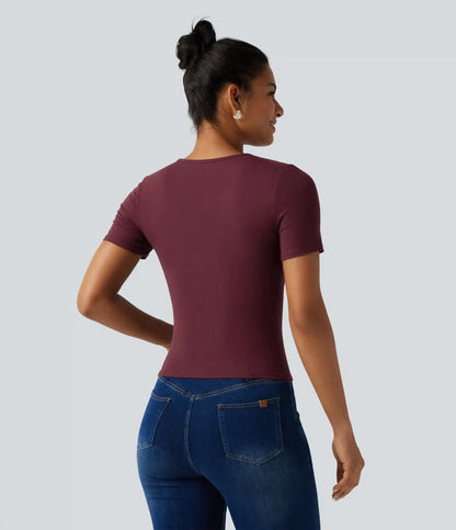 Ribbed Knit Round Neck Cut Out Short Sleeve Built-in Bra Casual T-Shirt