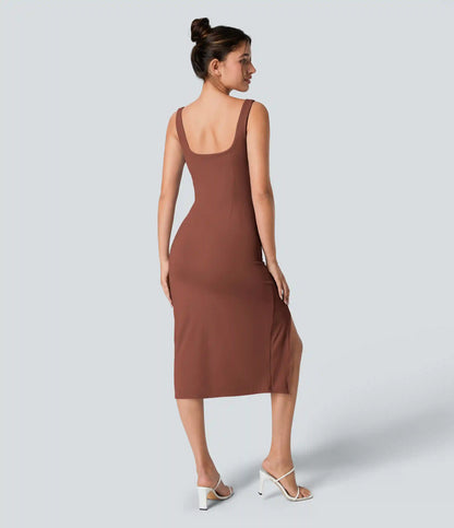 SoftlyZero™ Airy Square Neck Backless Corset Ruched Split Bodycon Midi InstantCool Bridesmaid and Wedding Guest Dress