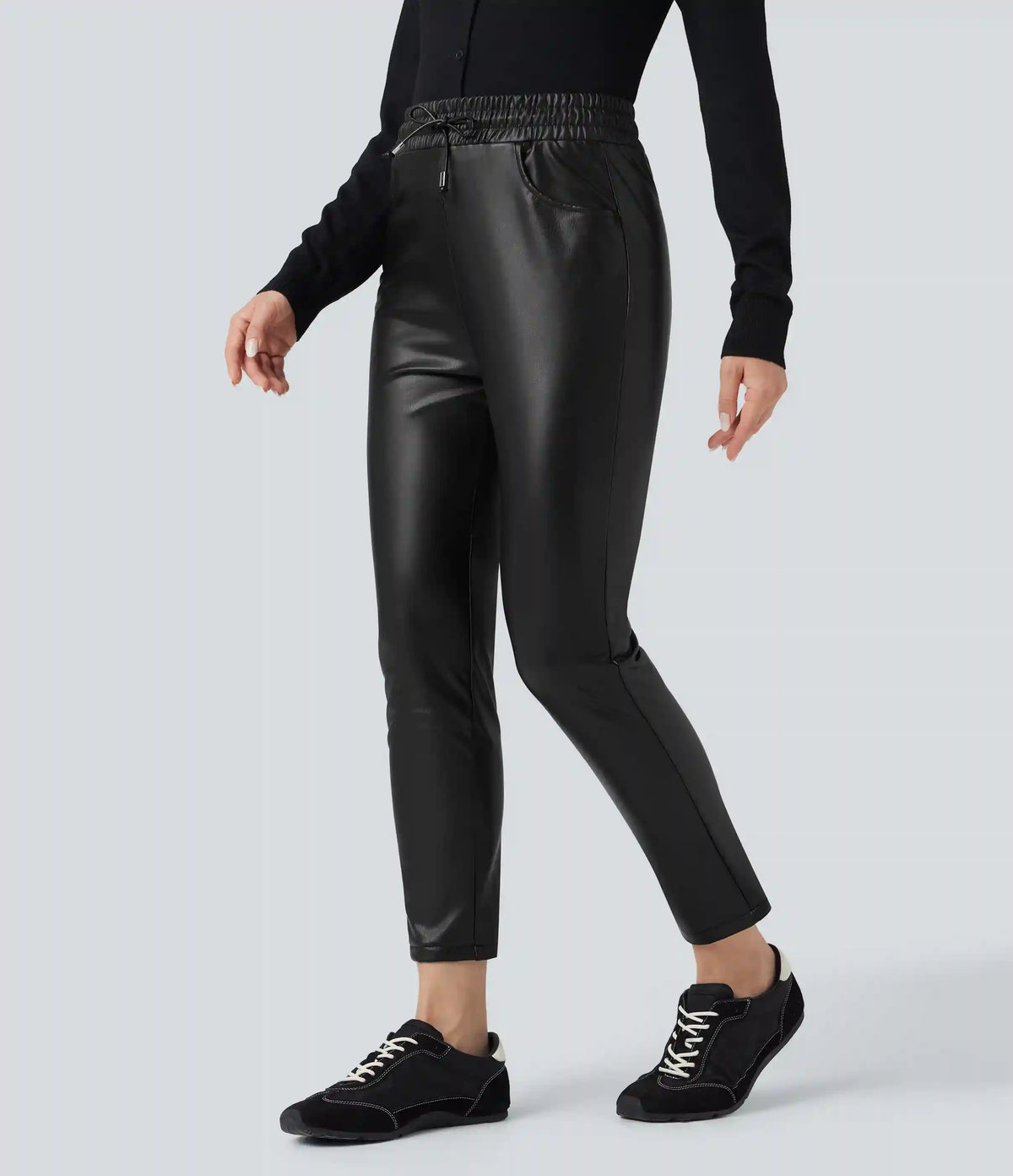 High Waisted Drawstring Stretchy PU Fleece 7/8 Casual Tapered Pants with Pockets