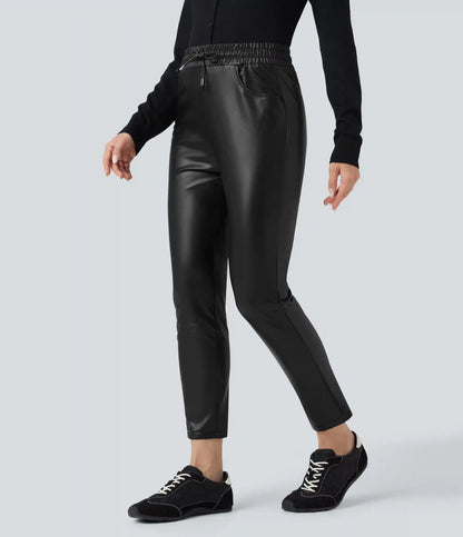 High Waisted Drawstring Stretchy PU Fleece 7/8 Casual Tapered Pants with Pockets