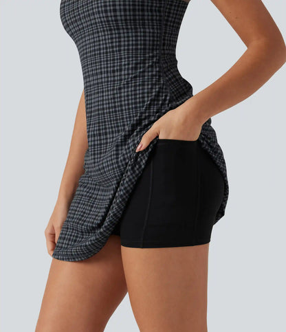 Halara UltraSculpt™ Plaid Print Built-in Bra 2-in-1 Mini Dance Active Dress with Pockets-Easy Peezy Edition