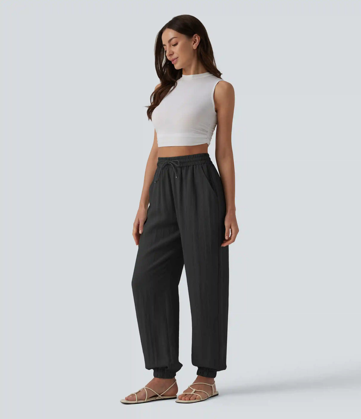 High Waisted Drawstring Wide Leg Casual Linen-Feel Joggers with Pockets