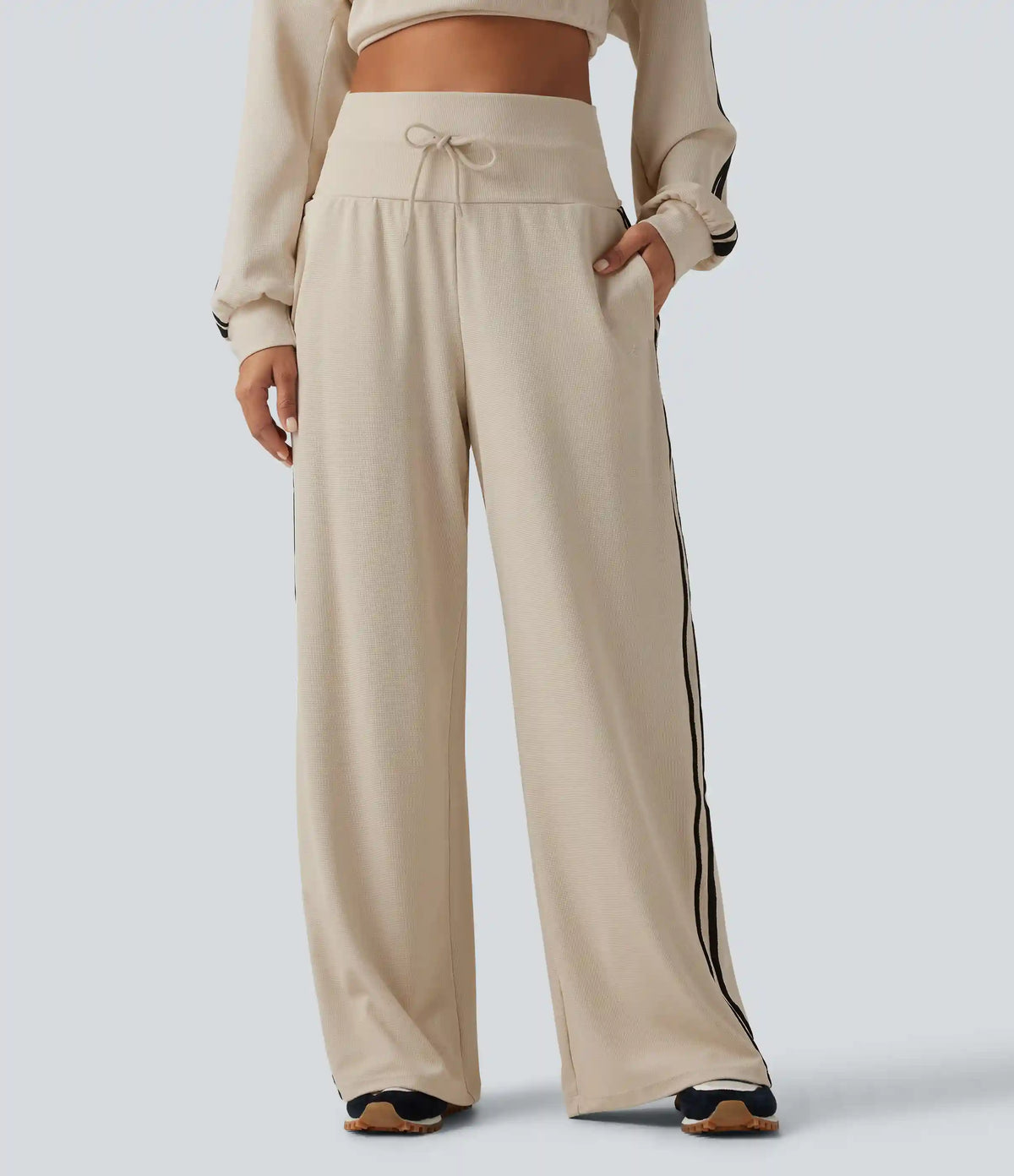 High Waisted Drawstring Wide Leg Side Stripe Waffle Casual Pants with Pockets