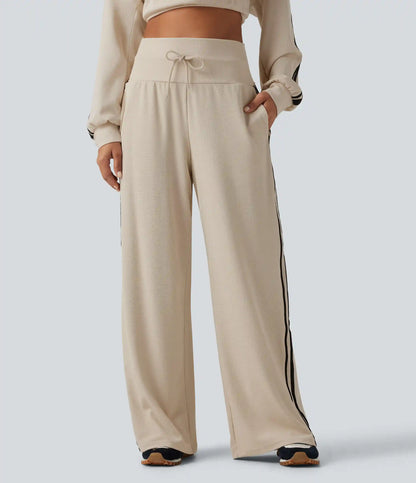 High Waisted Drawstring Wide Leg Side Stripe Waffle Casual Pants with Pockets