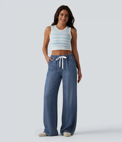 Mid Rise Drawstring Casual Jeans with Pockets