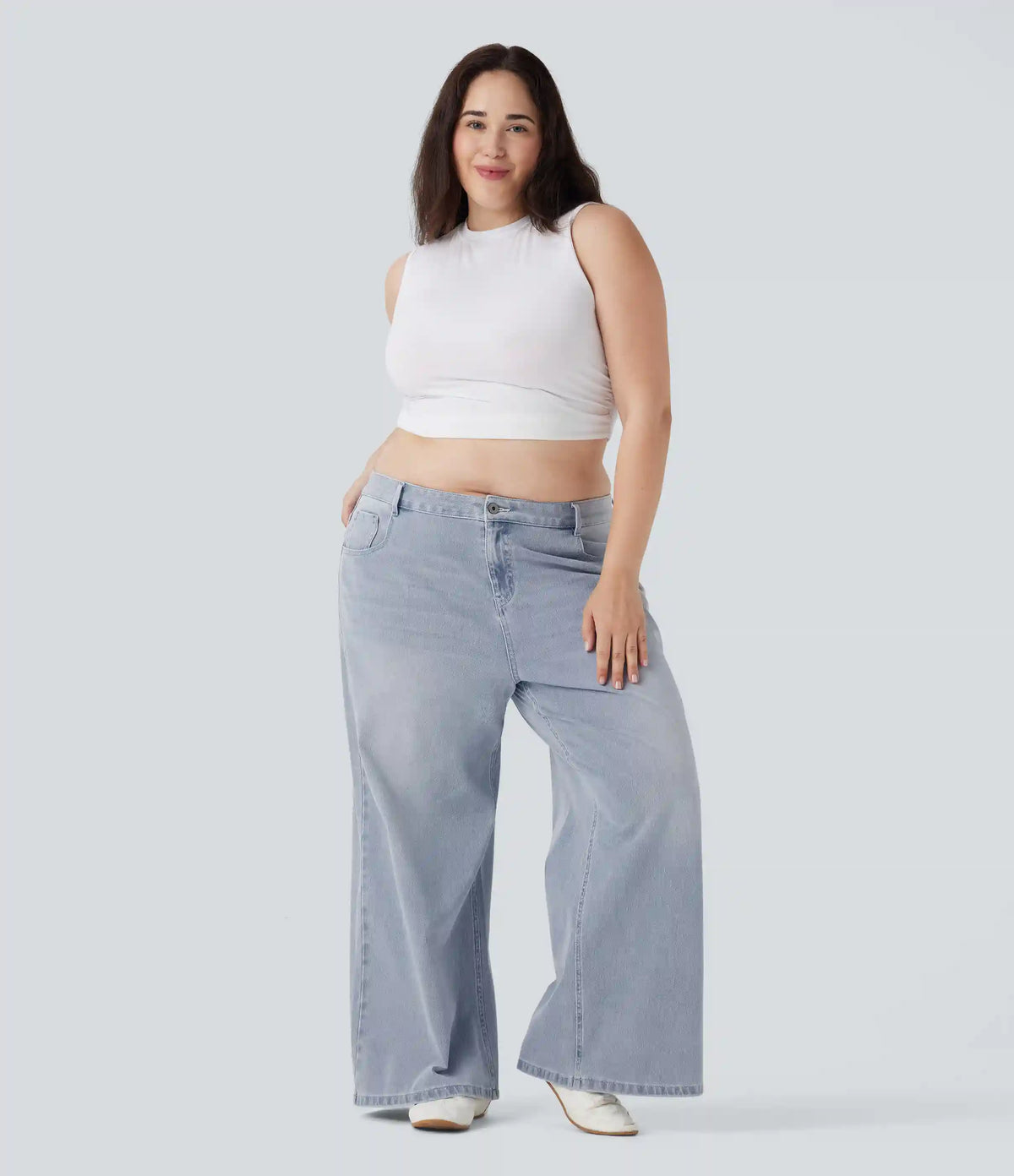 Plus Size Halara Flex™ Low Rise Wide Leg Washed Casual Jeans with Pockets