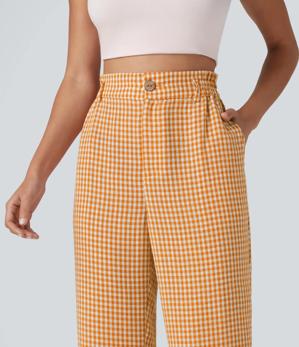 High Waisted Cropped Plaid Casual Linen-Feel Pants with Pockets