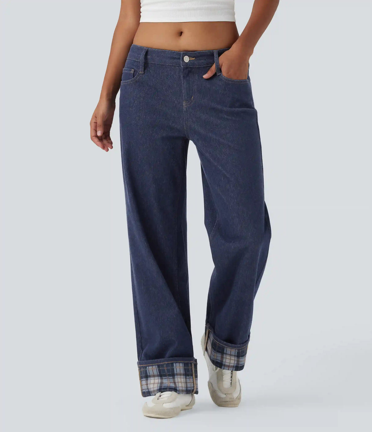 Halara Flex™ Low Rise Contrast Plaid Rolled Hem Wide Leg Casual Jeans with Pockets