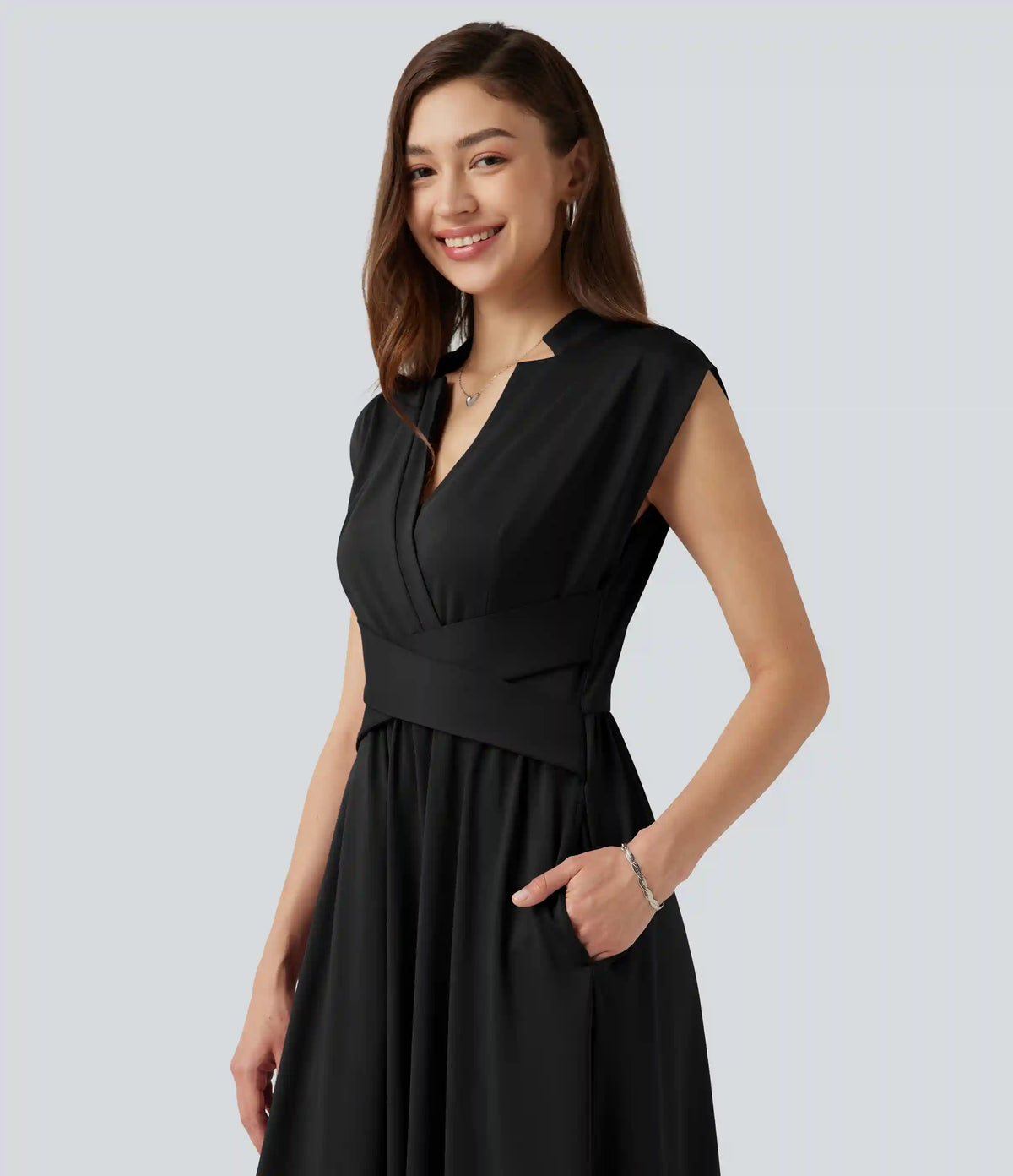 V Neck Sleeveless Flowy Midi Work Dress with Pockets