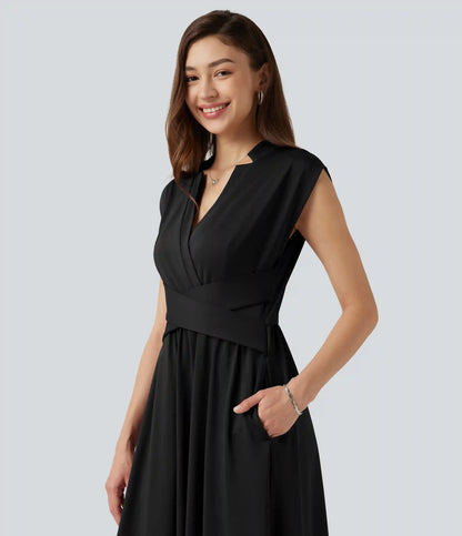 V Neck Sleeveless Flowy Midi Work Dress with Pockets