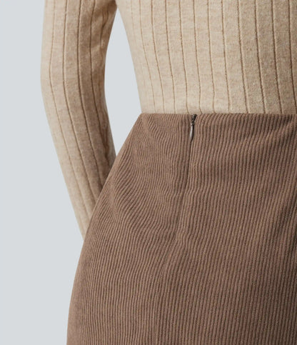 High Waisted Back Zipper Split Hem 2-in-1 Corduroy Casual Skirt-Longer Length
