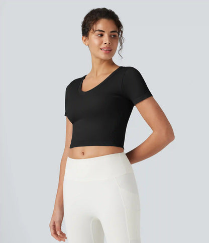 OneForm Seamless Flow V Neck Short Sleeve Built-in Bra Cropped Yoga Sports Top